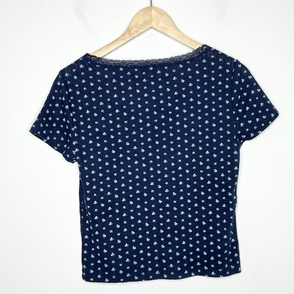 Gap Body Pointelle Knit Lace Trim Baby Tee Womens M Y2K Floral Dainty Coquette - Picture 5 of 5